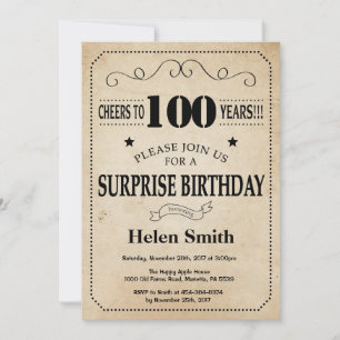 Invitación Sorpresa cumpleaños número 100 rústico vintage ret
