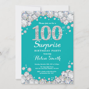 Invitación Sorpresa Cumpleaños número 100 Verde Azul y Diaman