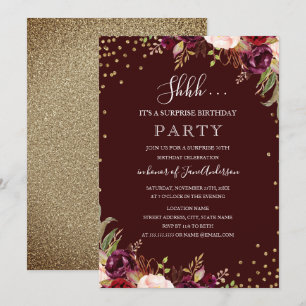 Invitación Sorpresa Cumpleaños Oro Confeti Burgundy Floral