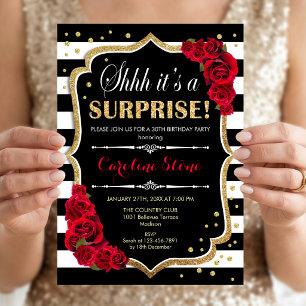 Invitación Sorpresa Cumpleaños - Rayas Negras Blancas Rosas R