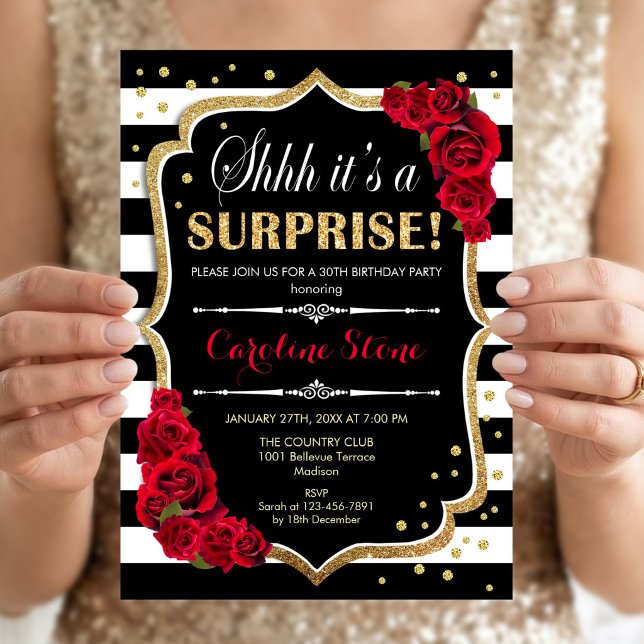 Invitación Sorpresa Cumpleaños - Rayas Negras Blancas Rosas R (Subido por el creador)