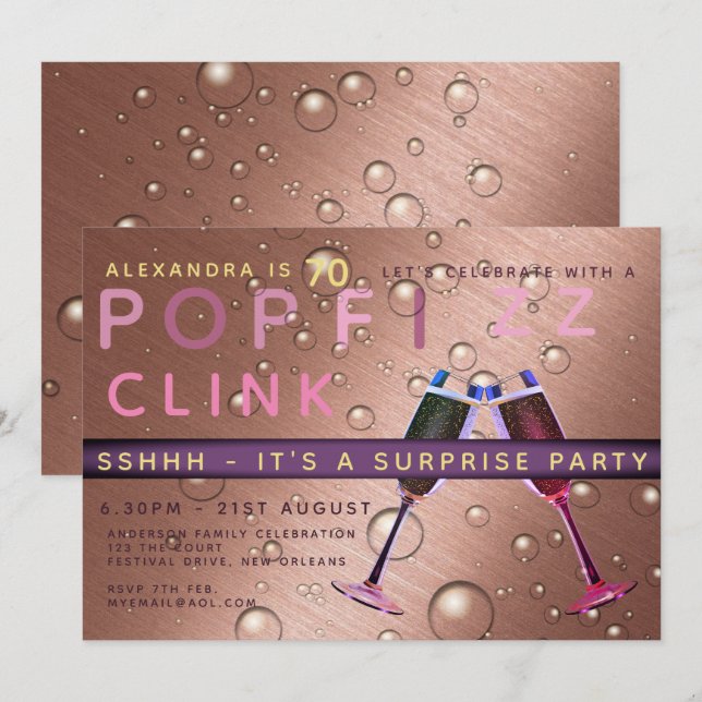 Invitación Sorpresa Cumpleaños Rosa Gold Champagne CUALQUIER  (Anverso / Reverso)