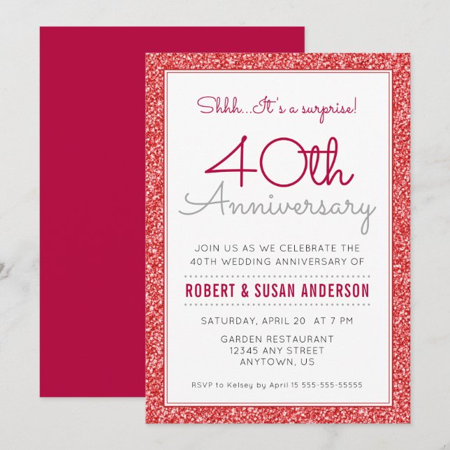 Invitación Sorpresa de 40º Aniversario de Boda Brillo Rojo Fa (Anverso / Reverso)