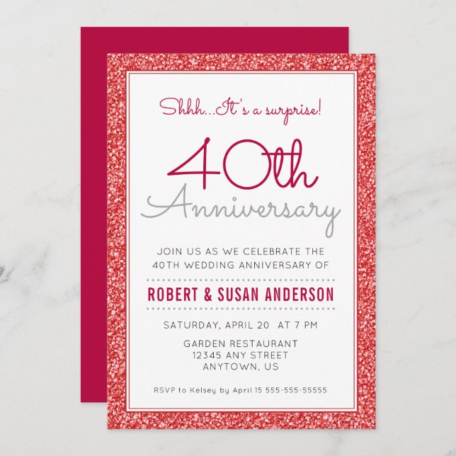Invitación Sorpresa de 40º Aniversario de Boda con Brillo Roj (Anverso / Reverso)