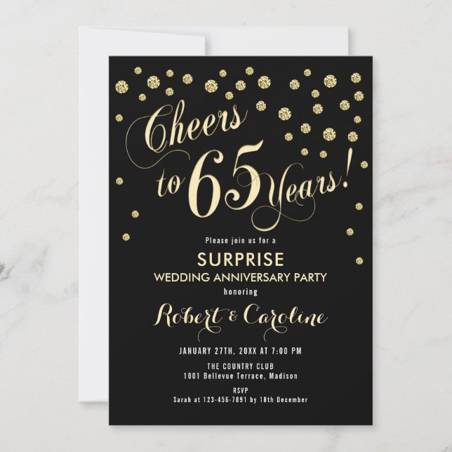 Invitación Sorpresa de 65º Aniversario de Boda - Negro y Dora (Anverso)