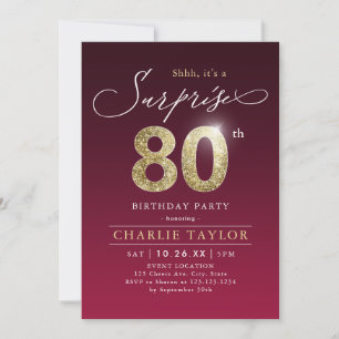 Invitación Sorpresa de adultos de oro burdeos modernos 80 año