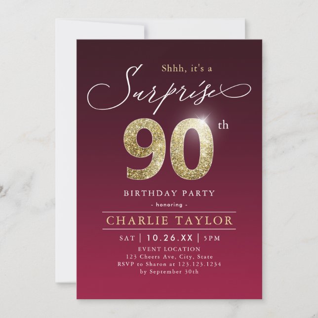 Invitación Sorpresa de adultos de oro burdeos modernos 90 año (Anverso)