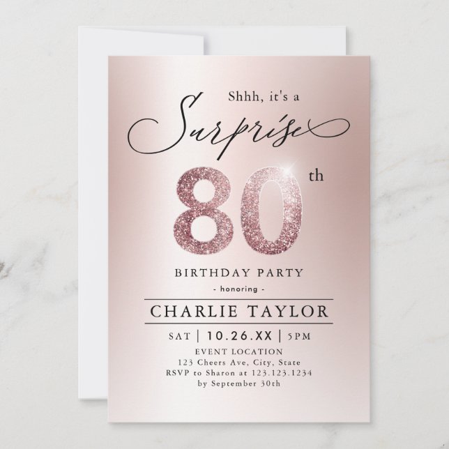 Invitación Sorpresa de adultos de oro rosa moderno 80 años (Anverso)