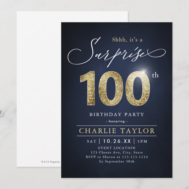 Invitación Sorpresa de adultos modernos, azul y oro 100 años (Anverso / Reverso)