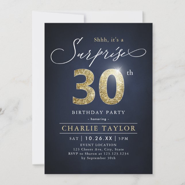 Invitación Sorpresa de adultos modernos, azul y oro, 30 años (Anverso)