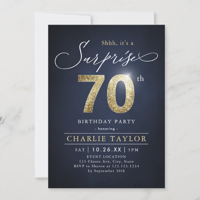 Invitación Sorpresa de adultos modernos, azul y oro 70 años (Anverso)