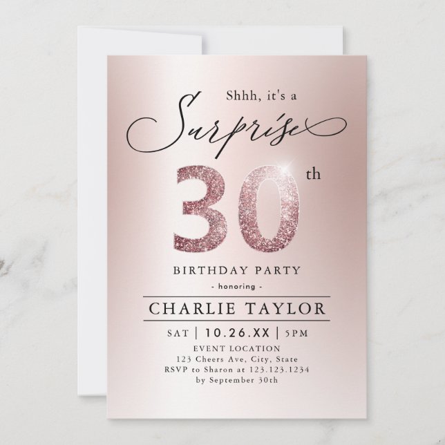 Invitación Sorpresa de adultos rosa moderno de oro de 30 años (Anverso)
