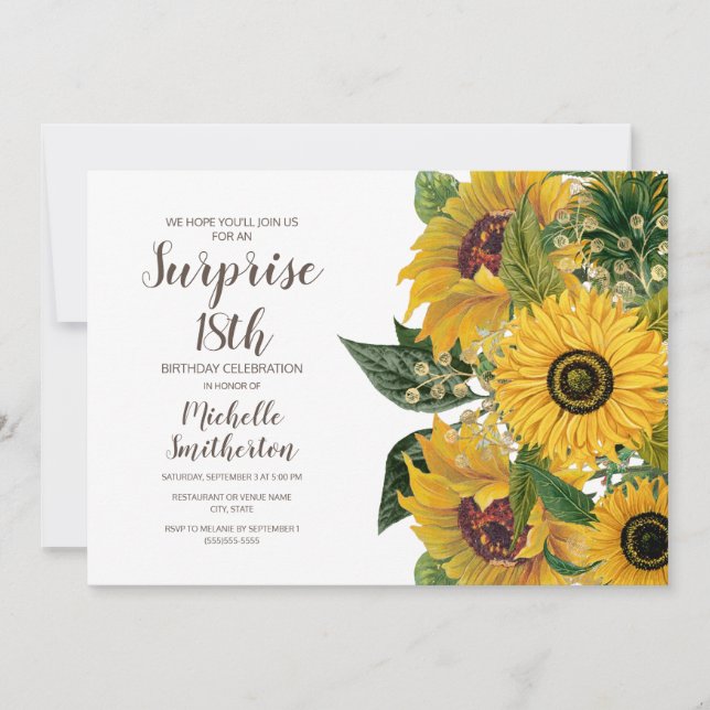 Invitación Sorpresa de amarillo blanco girasol 18 cumpleaños (Anverso)