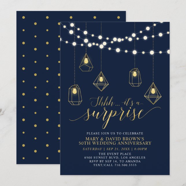 Invitación Sorpresa de aniversario de bodas con luces doradas (Anverso / Reverso)