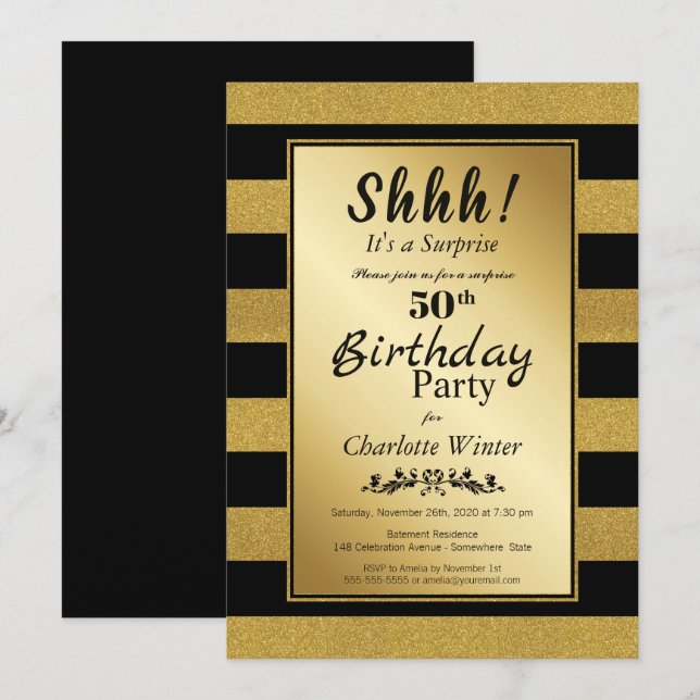 Invitación Sorpresa de Black Gold Striped 50 cumpleaños (Anverso / Reverso)