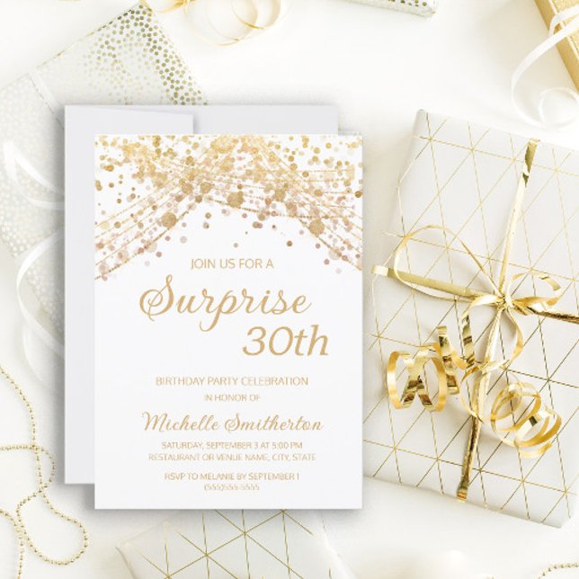 Invitación Sorpresa de brillo de oro blanco cumpleaños 30 (Subido por el creador)