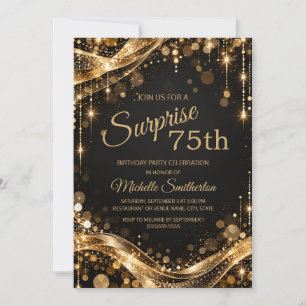 Invitación Sorpresa de brillo de oro negro cumpleaños 75