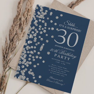Invitación Sorpresa de brillo de plata Cumpleaños 30 Navy