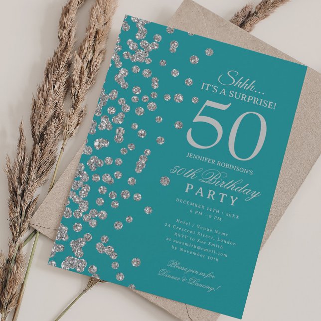 Invitación Sorpresa de brillo de plata Cumpleaños 50 Turquesa (Silver Glitter Surprise 50th Birthday Turquoise Invitation)