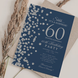 Invitación Sorpresa de brillo de plata Cumpleaños 60 Navy Blu