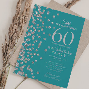 Invitación Sorpresa de brillo de plata Cumpleaños 60 Teal