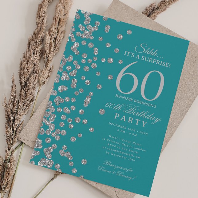 Invitación Sorpresa de brillo de plata Cumpleaños 60  Teal  (Subido por el creador)
