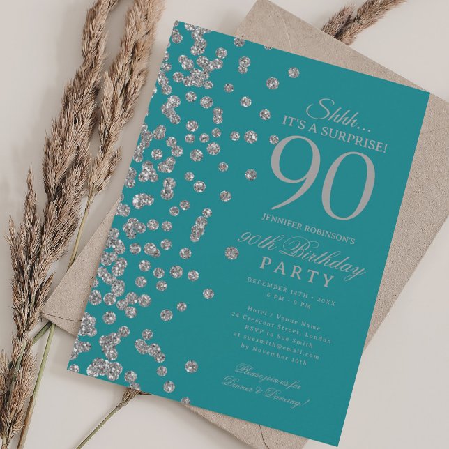 Invitación Sorpresa de brillo de plata Cumpleaños 90 Turquesa (Silver Glitter Surprise 90th Birthday Turquoise Invitation)