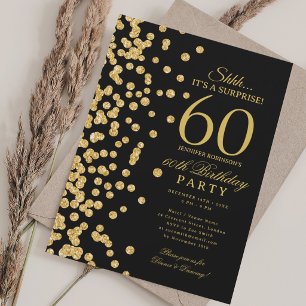 Invitación Sorpresa de brillo dorado Cumpleaños 60 negro