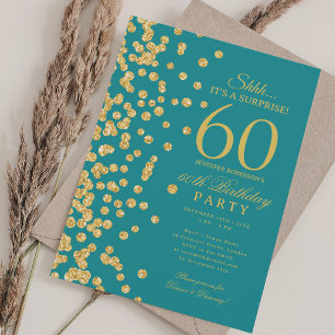 Invitación Sorpresa de brillo dorado Cumpleaños 60 turquesa