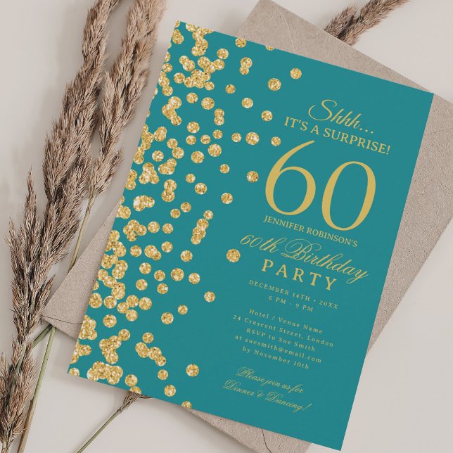 Invitación Sorpresa de brillo dorado Cumpleaños 60 turquesa  (Gold Glitter Surprise 60th Birthday Turquoise Invitation)