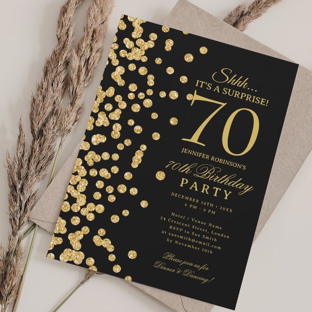 Invitación Sorpresa de brillo dorado Cumpleaños 70 negro (Gold Glitter Surprise 70th Birthday Black Invitation)