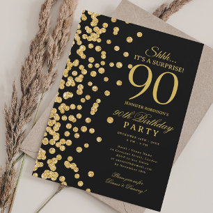Invitación Sorpresa de brillo dorado Cumpleaños 90 negro