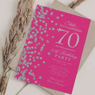Invitación Sorpresa de brillo plateado Cumpleaños 70 Rosa Cal