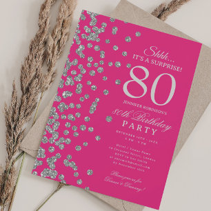 Invitación Sorpresa de brillo plateado Cumpleaños 80 Rosa cal