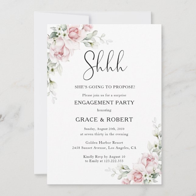 Invitación Sorpresa de compromiso con flores rosadas suaves  (Anverso)