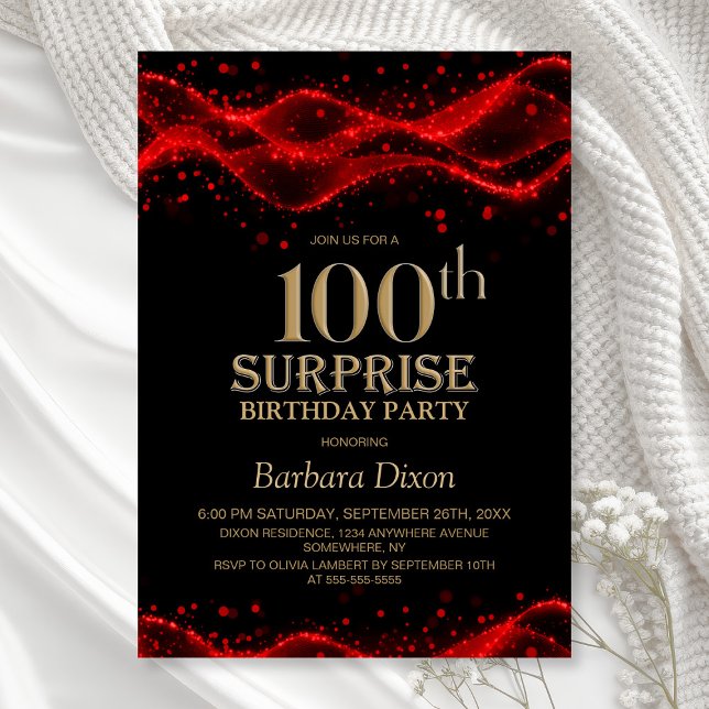 Invitación Sorpresa de cumpleaños 100 negro y rojo (Subido por el creador)