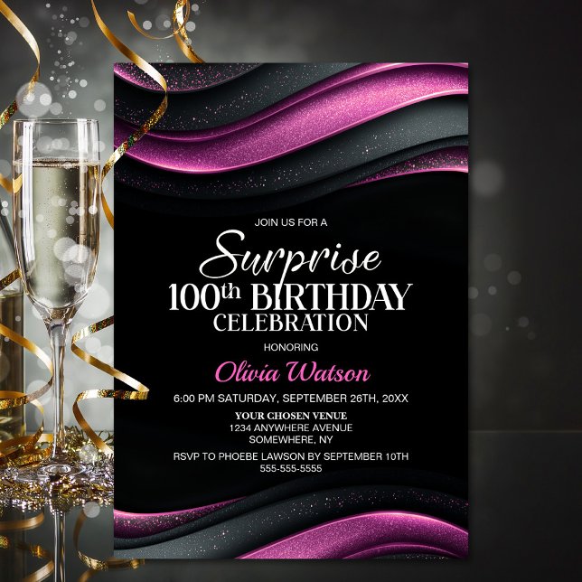 Invitación Sorpresa de cumpleaños 100 negro y rosa (Subido por el creador)