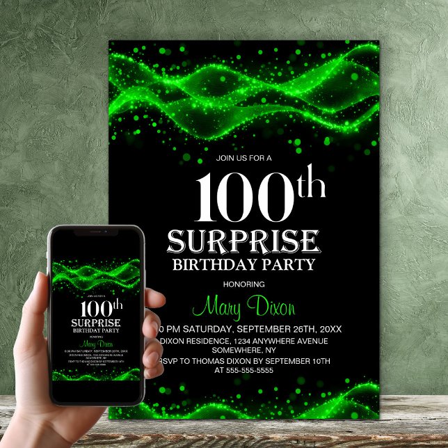 Invitación Sorpresa de cumpleaños 100 negro y verde (Subido por el creador)