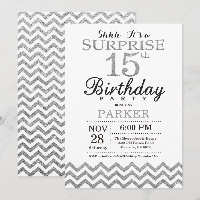 Invitación sorpresa de cumpleaños 15 con brillo de (Anverso / Reverso)