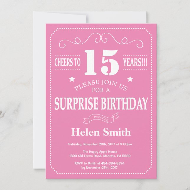 Invitación sorpresa de cumpleaños 15 Pink y White (Anverso)