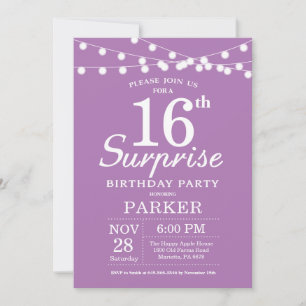 Invitación sorpresa de cumpleaños 16 años púrpura 