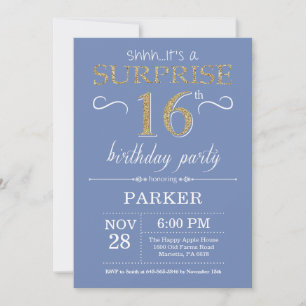 Invitación sorpresa de cumpleaños 16 azul y dorado