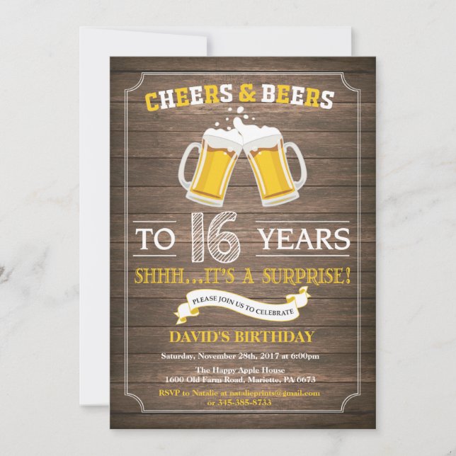 Invitación sorpresa de cumpleaños 16 con cerveza r (Anverso)