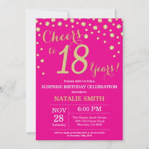Invitación Sorpresa de cumpleaños 18 Diamante rosa caliente y