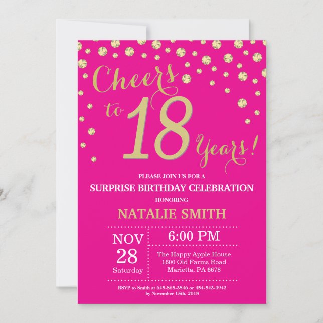 Invitación Sorpresa de cumpleaños 18 Diamante rosa caliente y (Anverso)