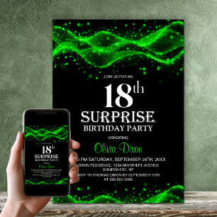 Invitación Sorpresa de cumpleaños 18 en negro y verde