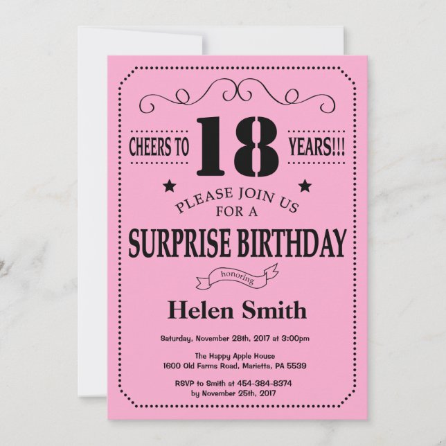 Invitación sorpresa de cumpleaños 18 negro y rosa (Anverso)