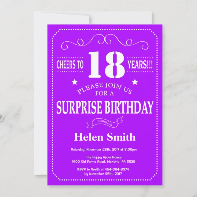 Invitación sorpresa de cumpleaños 18 Purple y Whit (Anverso)