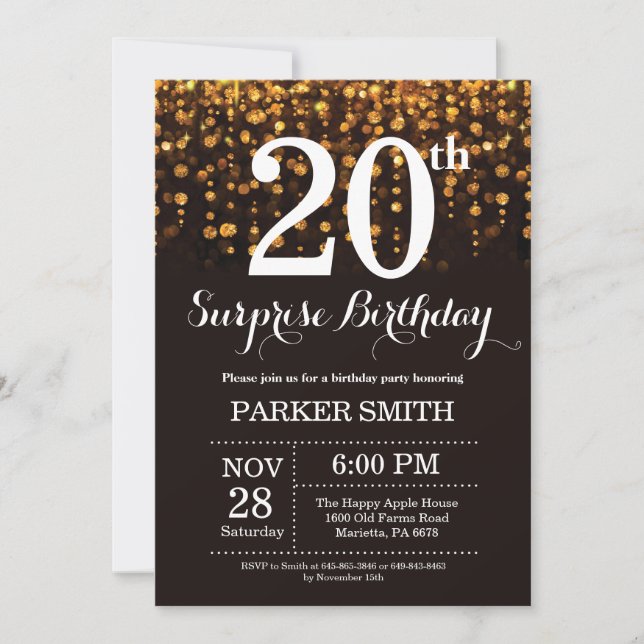 Invitación sorpresa de cumpleaños 20 con brillo do (Anverso)
