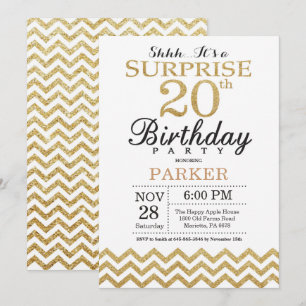Invitación sorpresa de cumpleaños 20 con purpurina
